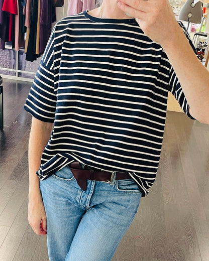T-shirt oversize manica corta righe blu ecrù