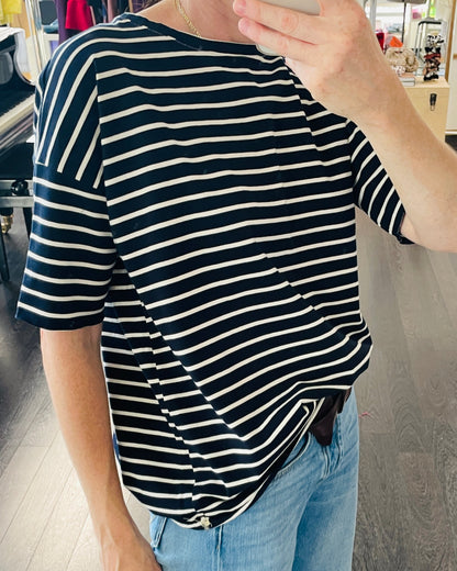 T-shirt oversize manica corta righe blu ecrù
